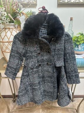 Rothschild Kids Black & Gray Sparkle Tweed Princess Dress Coat Faux Fur Collar